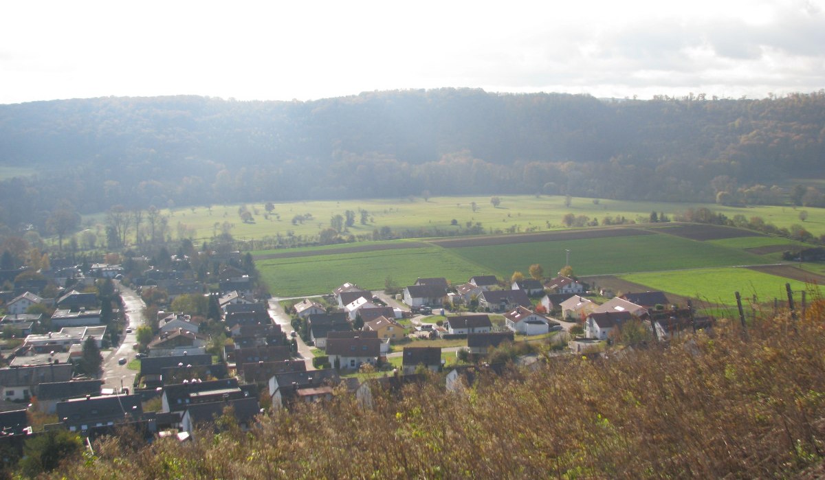 Ein Dorf in einer grünen Landschaft, umgeben von Feldern und Hügeln unter einem bewölkten Himmel., © Land der 1000 Hügel - Kraichgau-Stromberg