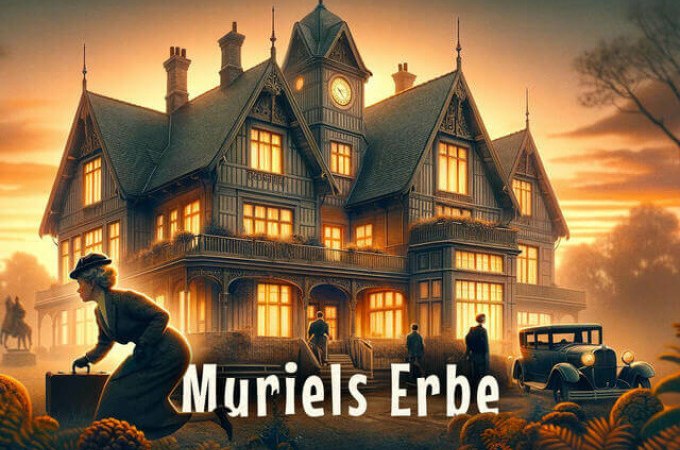 Eine Frau mit Koffer schleicht vor einem großen, beleuchteten Herrenhaus bei Sonnenuntergang. Der Titel 'Muriels Erbe' ist im Vordergrund sichtbar., © TeamEscape Stuttgart