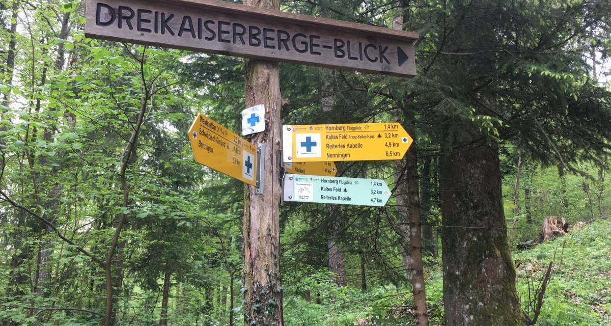 Ein Wegweiser im Wald zeigt Richtungen zu verschiedenen Zielen wie Dreikaiserberge-Blick und Reiterles Kapelle an. Umgeben von grünen Bäumen., © Touristik und Marketing GmbH Ein Wegweiser im Wald zeigt Richtungen zu verschiedenen Zielen wie Dreikaiserberge-Blick und Reiterles Kapelle an. Umgeben von grünen Bäumen., © Touristik und Marketing GmbH