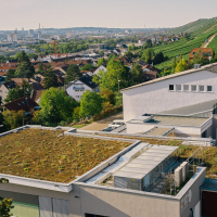 Geb&auml;ude mit begr&uuml;nten D&auml;chern und Weinberge im Hintergrund. Die Stadt erstreckt sich bis zu den H&uuml;geln., &copy; TeamWerk Esslingen