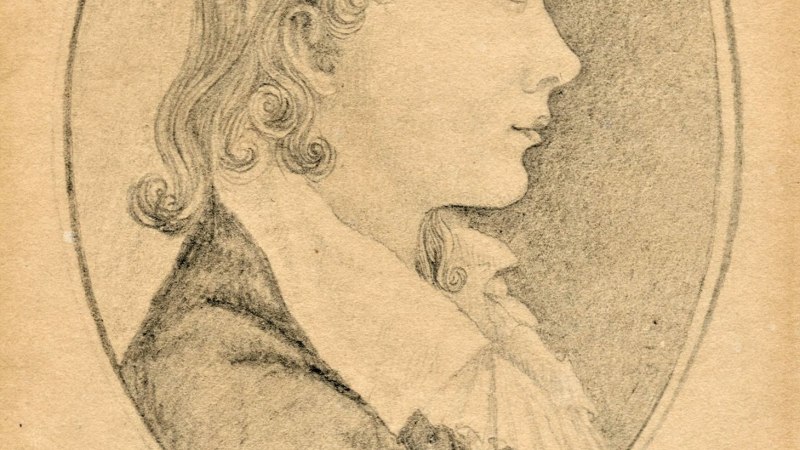 Portr&auml;tzeichnung eines jungen Mannes im Profil. Er hat lockiges Haar und tr&auml;gt einen Kragen. Der Hintergrund ist oval und schlicht gehalten., &copy; Hans-Joachim Albinus