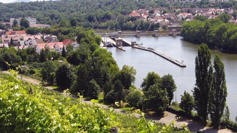 Blick auf den Neckar mit Schleuse, umgeben von H&auml;usern, B&auml;umen und Weinbergen. Im Hintergrund eine bewaldete H&uuml;gellandschaft., &copy; Stuttgart-Marketing GmbH