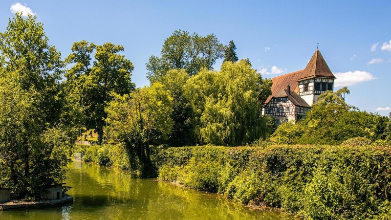 Ein malerischer See im Stadtpark von Murrhardt mit üppiger Vegetation und einem Fachwerkhaus im Hintergrund bei sonnigem Wetter., © SMG, Sarah Schmid Ein malerischer See im Stadtpark von Murrhardt mit üppiger Vegetation und einem Fachwerkhaus im Hintergrund bei sonnigem Wetter., © SMG, Sarah Schmid