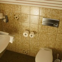 Kleines Badezimmer mit Waschbecken, Toilette, Handtuchhalter und Fliesen mit Blumenmuster. Ein Fön hängt an der Wand., © Hotelmärchen Kleines Badezimmer mit Waschbecken, Toilette, Handtuchhalter und Fliesen mit Blumenmuster. Ein Fön hängt an der Wand., © Hotelmärchen
