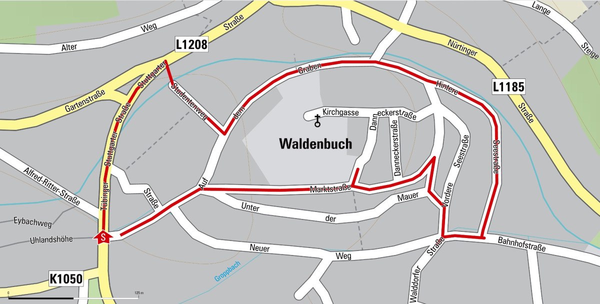 Stadtplan von Waldenbuch mit markierten Straßen und Routen. Hauptstraßen sind L1208 und L1185. Verschiedene Straßen und Wege sind eingezeichnet., © Natur.Nah. Schönbuch & Heckengäu