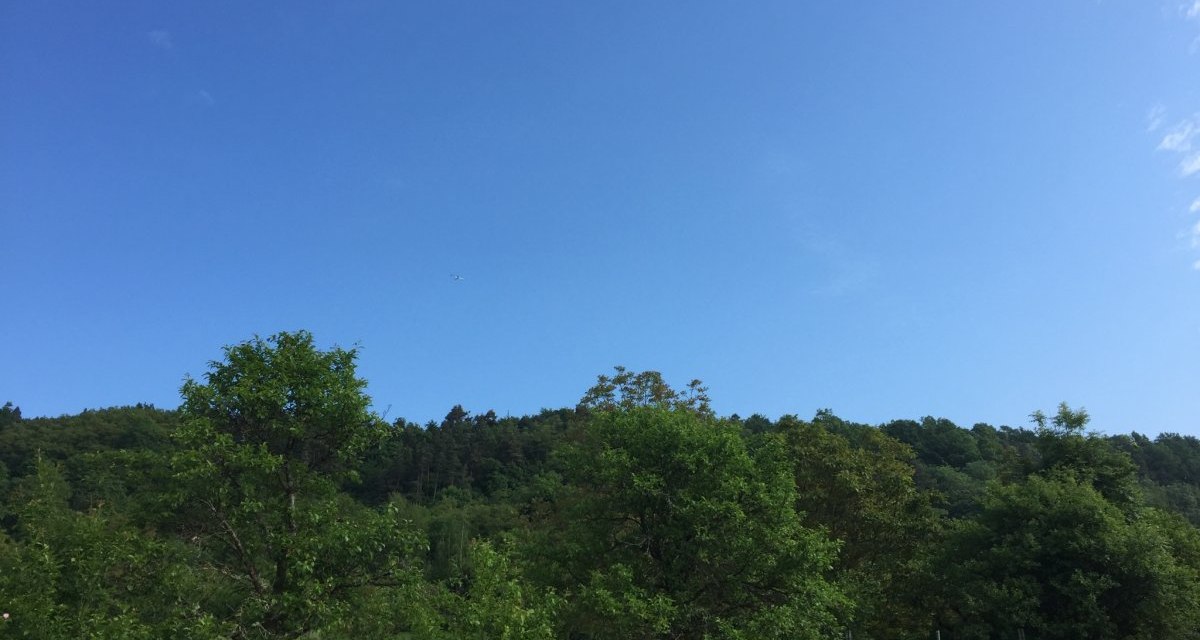 Ein kleines Flugzeug fliegt am klaren blauen Himmel über einer grünen, bewaldeten Landschaft., © www.pro-cycl.de Ein kleines Flugzeug fliegt am klaren blauen Himmel über einer grünen, bewaldeten Landschaft., © www.pro-cycl.de