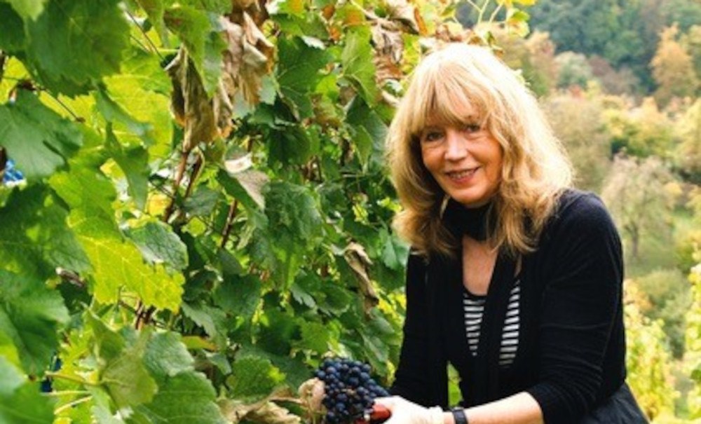 Eine Frau mit blonden Haaren erntet Trauben in einem grünen Weinberg. Sie trägt Handschuhe und lächelt in die Kamera., © Elsbeth Koch