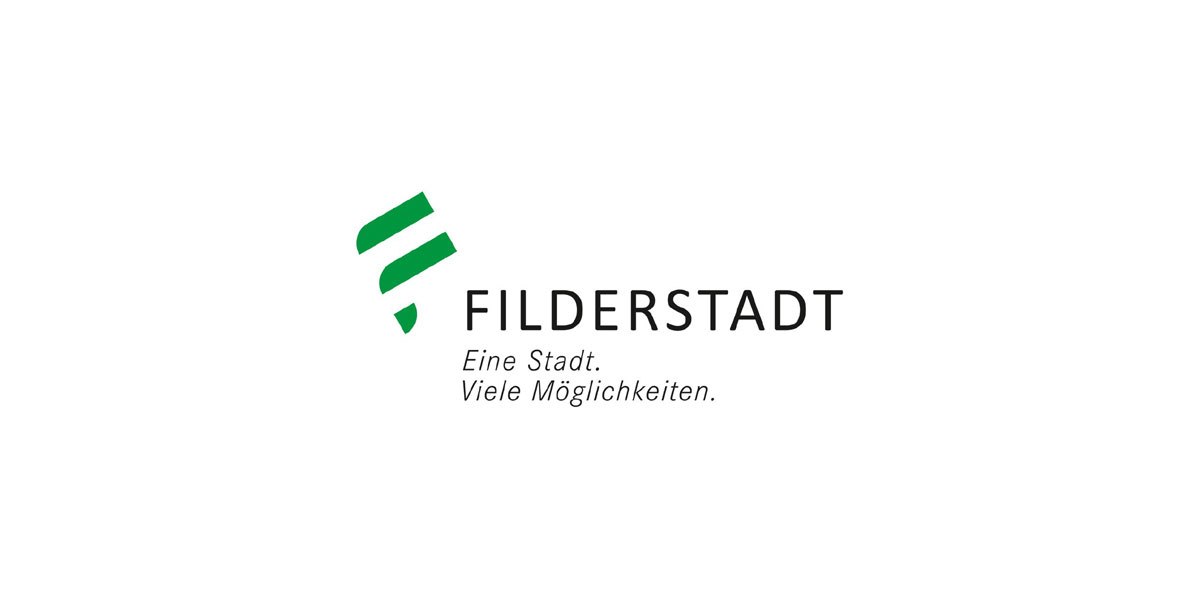 Logo von Filderstadt mit grünem Symbol und dem Slogan "Eine Stadt. Viele Möglichkeiten." auf weißem Hintergrund.