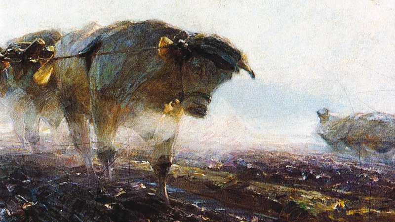 Gemälde von Heinrich von Zügel zeigt Ochsen, die auf einem Feld arbeiten. Die Tiere sind in Bewegung und ziehen landwirtschaftliche Geräte., © Stadt Murrhardt Gemälde von Heinrich von Zügel zeigt Ochsen, die auf einem Feld arbeiten. Die Tiere sind in Bewegung und ziehen landwirtschaftliche Geräte., © Stadt Murrhardt