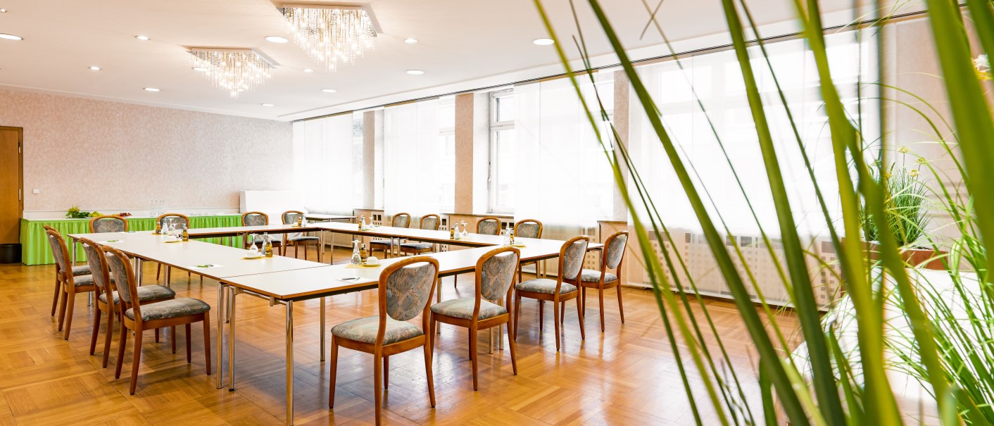 Heller Konferenzraum mit U-förmiger Tischanordnung, eleganten Stühlen und Pflanzen im Vordergrund. Große Fenster lassen viel Licht herein., © TOMAS