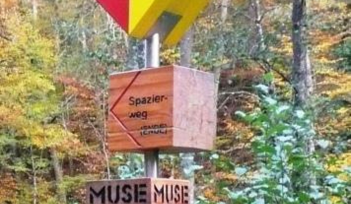 Ein Wegweiser im Wald zeigt den 'Spazierweg' und 'Museum Ritter' an. Bunte Herbstblätter im Hintergrund., © Natur.Nah. Schönbuch & Heckengäu