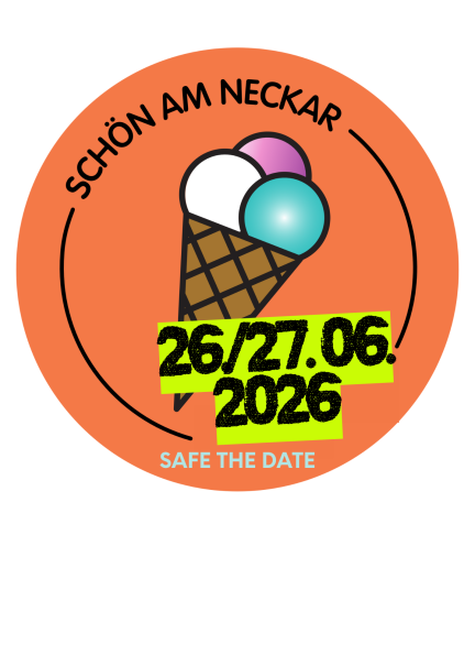 Rundes Logo mit Eistüte und Datum 26./27.06.2026. Text: 'Schön am Neckar', 'Safe the Date'. Hintergrund in Orange., © copyright Kulturverein Provisorium e.V