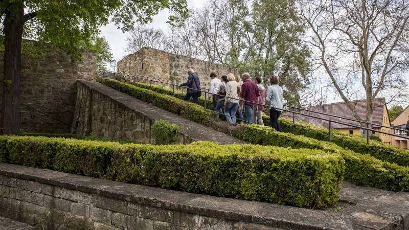Eine Gruppe von Menschen geht eine steinerne Rampe hinauf, umgeben von gepflegten Hecken und Bäumen., © Torsten Wenzler Eine Gruppe von Menschen geht eine steinerne Rampe hinauf, umgeben von gepflegten Hecken und Bäumen., © Torsten Wenzler