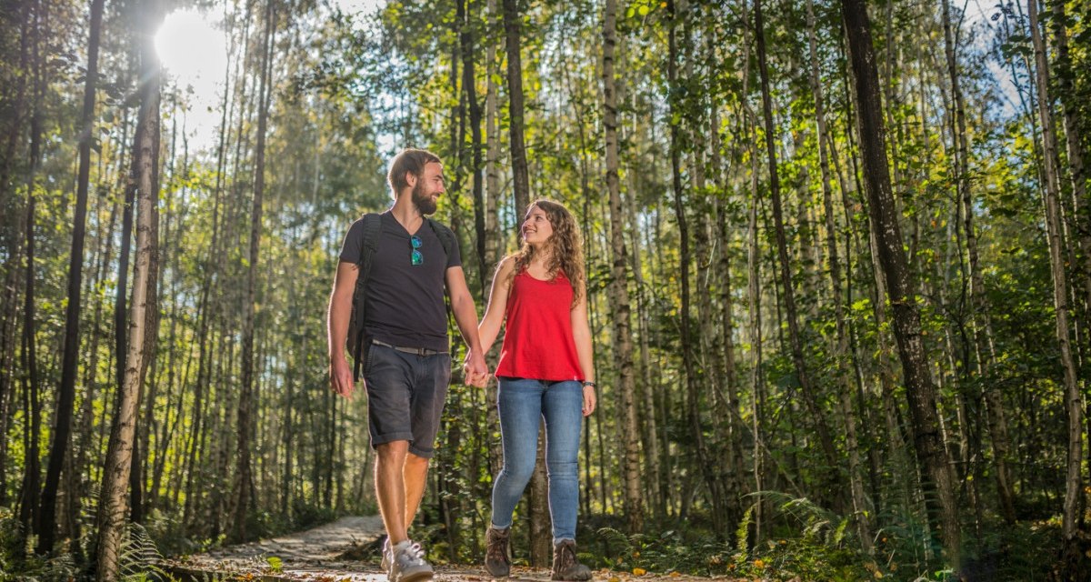 Ein Paar hält Händchen und spaziert auf einem Holzweg im Wald. Sonnenlicht fällt durch die Bäume und schafft eine idyllische Atmosphäre., © Jan Bürgermeister, Landkreis Göppingen Ein Paar hält Händchen und spaziert auf einem Holzweg im Wald. Sonnenlicht fällt durch die Bäume und schafft eine idyllische Atmosphäre., © Jan Bürgermeister, Landkreis Göppingen