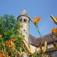 Turm des Klosters Lorch ragt in den blauen Himmel, umgeben von grünen Bäumen und orangefarbenen Lilien im Vordergrund., © Remstal Tourismus e.V.