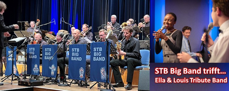 Die STB Big Band spielt auf einer Bühne, daneben singen Mitglieder der Ella & Louis Tribute Band. Im Hintergrund sind Musiker mit Instrumenten zu sehen., © Interessengemeinschaft Kultur Sindelfingen / Böblingen e.V.