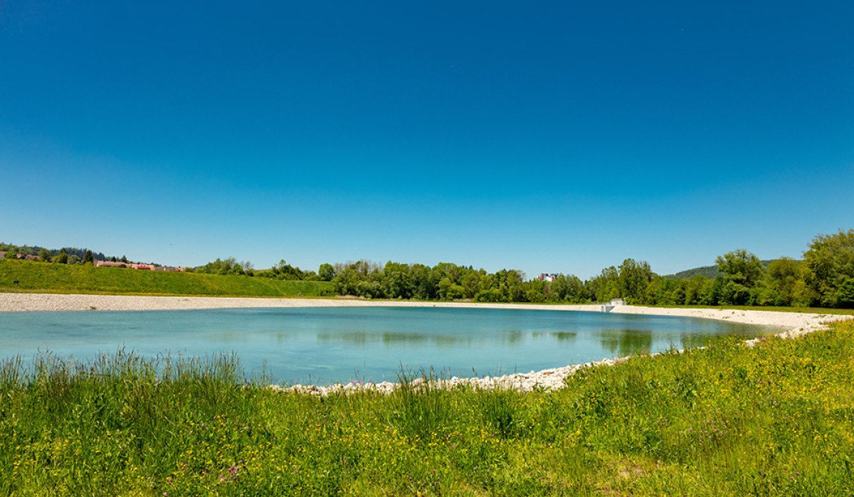 Das Bild zeigt das Unterbecken des Naturstromspeichers in Gaildorf, umgeben von grüner Vegetation und einem klaren blauen Himmel.