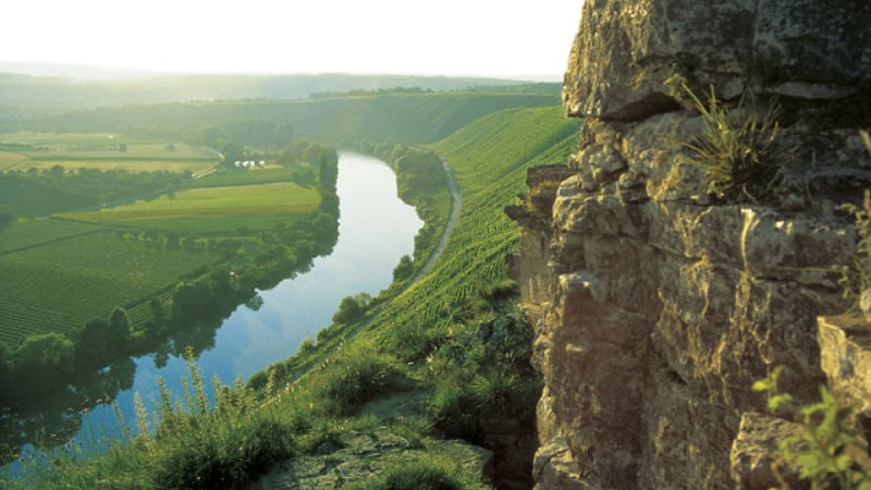Ein Fluss schl&auml;ngelt sich durch eine gr&uuml;ne Landschaft, umgeben von Feldern und H&uuml;geln. Im Vordergrund sind Felsen zu sehen., &copy; Land der 1000 H&uuml;gel - Kraichgau-Stromberg
