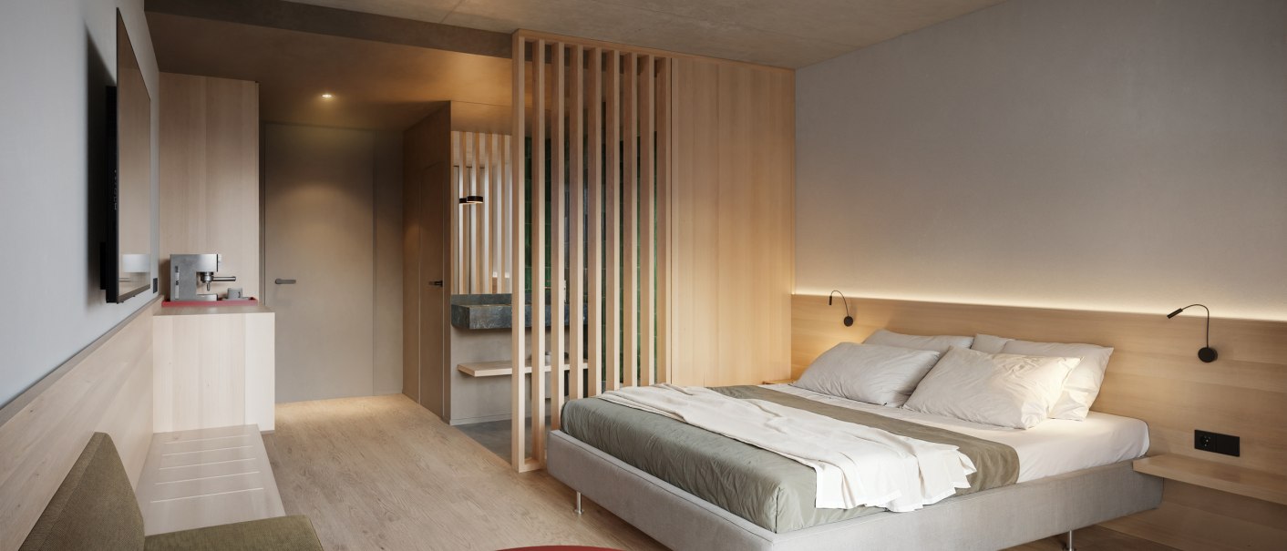 Modernes Hotelzimmer mit minimalistischer Einrichtung, Holzw&auml;nden, einem gro&szlig;en Bett und einem kleinen Tisch. Dezente Beleuchtung sorgt f&uuml;r eine gem&uuml;tliche Atmosph&auml;re., &copy; Belsers Hotel