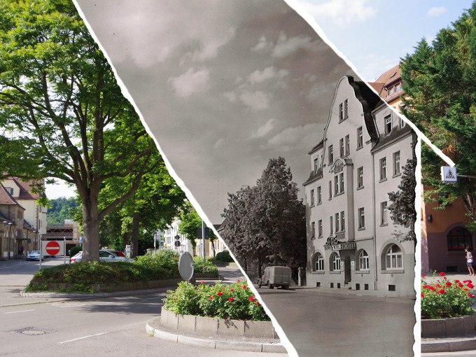 Collage zeigt Plochingen im Wandel der Zeit mit alten und neuen Ansichten der Stadt, darunter ein Hotel und ein Kreisverkehr., © PlochingenInfo Collage zeigt Plochingen im Wandel der Zeit mit alten und neuen Ansichten der Stadt, darunter ein Hotel und ein Kreisverkehr., © PlochingenInfo