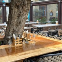 Ein Restauranttisch im Freien mit einem Baum in der Mitte, umgeben von St&uuml;hlen. Der Tisch ist gedeckt mit Gl&auml;sern und Besteck., &copy; &copy;Meze Meze