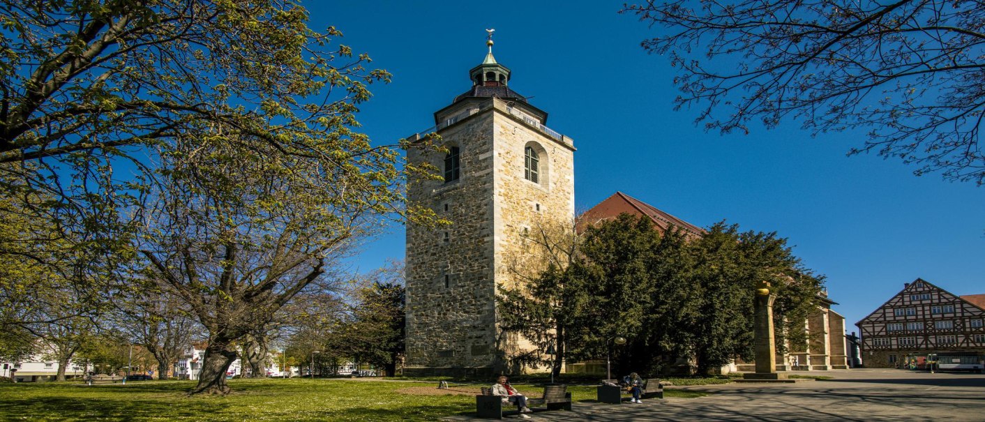 Die Martinskirche in Kirchheim unter Teck mit ihrem markanten Turm, umgeben von Bäumen und einem klaren blauen Himmel., © SMG, Sarah Schmid Die Martinskirche in Kirchheim unter Teck mit ihrem markanten Turm, umgeben von Bäumen und einem klaren blauen Himmel., © SMG, Sarah Schmid
