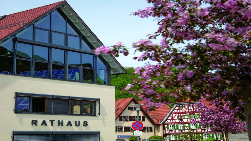 Das moderne Rathaus von Bad Ueberkingen mit großen Fenstern und rotem Dach. Im Vordergrund blühende Bäume, im Hintergrund traditionelle Fachwerkhäuser., © © Stuttgart-Marketing GmbH