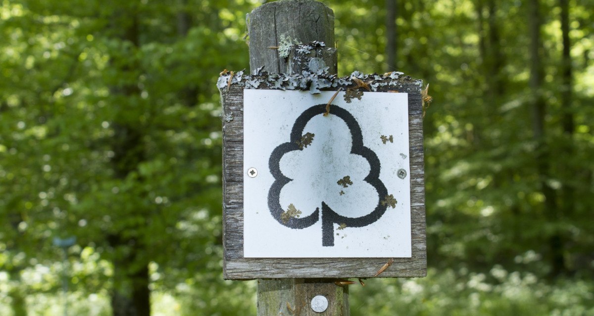 Holzpfosten mit Schild, das ein stilisiertes Baum-Symbol zeigt, umgeben von grünem Wald., © Natur.Nah. Schönbuch & Heckengäu Holzpfosten mit Schild, das ein stilisiertes Baum-Symbol zeigt, umgeben von grünem Wald., © Natur.Nah. Schönbuch & Heckengäu