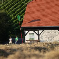 Ein Fachwerkgeb&auml;ude mit rotem Dach, daneben zwei Personen. Im Hintergrund sind Weinberge zu sehen. Auf der Wand steht "Weing&auml;rtnergenossenschaft Metzingen-Neuhausen".