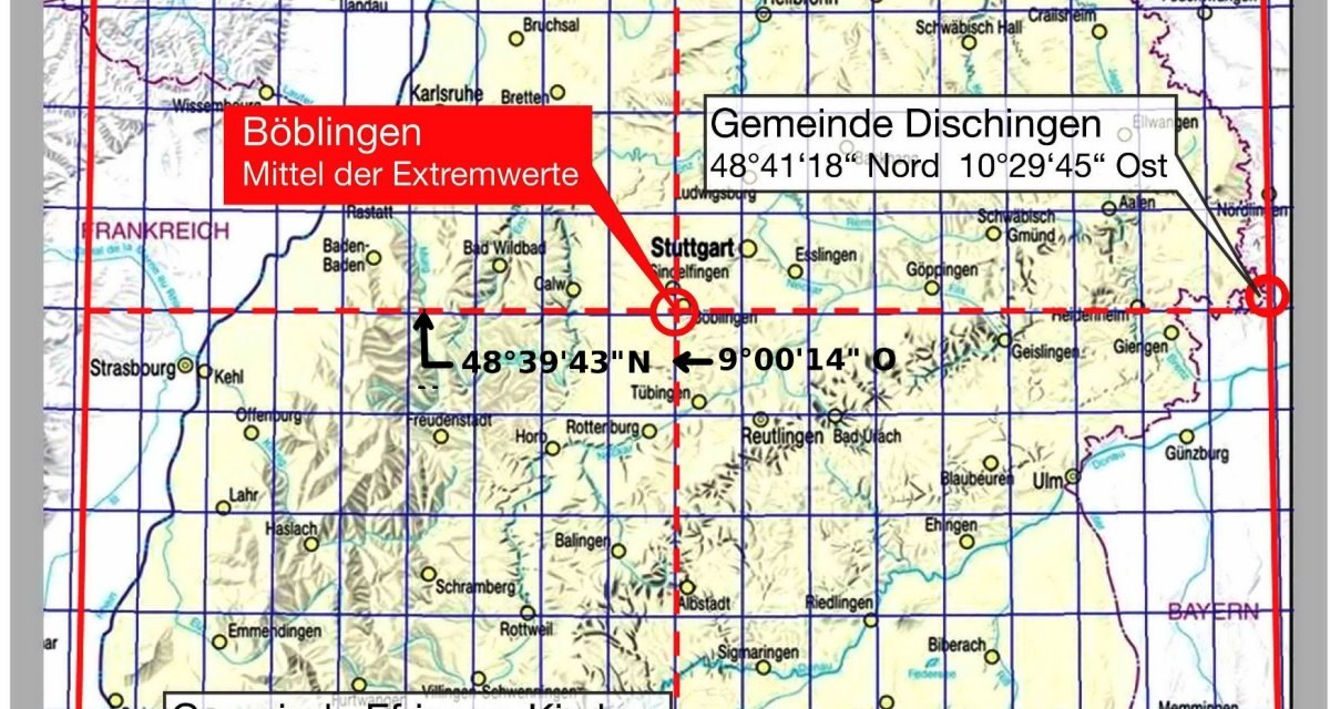 Karte von Baden-Württemberg zeigt geografische Mittelpunkte und Extrempunkte, darunter Böblingen als Mittel der Extremwerte., © Stadt Böblingen Karte von Baden-Württemberg zeigt geografische Mittelpunkte und Extrempunkte, darunter Böblingen als Mittel der Extremwerte., © Stadt Böblingen