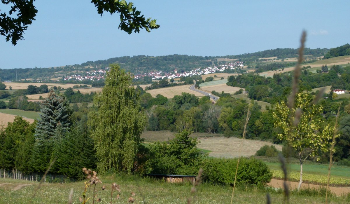 Blick auf die malerische Landschaft von Simmozheim mit Feldern, Bäumen und einem Dorf in der Ferne unter blauem Himmel., © Natur.Nah. Schönbuch & Heckengäu Blick auf die malerische Landschaft von Simmozheim mit Feldern, Bäumen und einem Dorf in der Ferne unter blauem Himmel., © Natur.Nah. Schönbuch & Heckengäu
