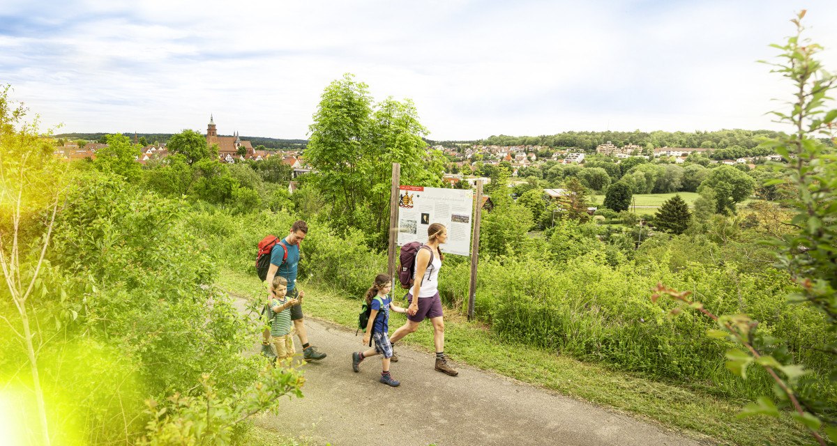 Eine Familie wandert auf einem Weg, vorbei an einer Informationstafel. Im Hintergrund ist eine Stadt mit Kirche und grüner Landschaft zu sehen., © Markus Born Eine Familie wandert auf einem Weg, vorbei an einer Informationstafel. Im Hintergrund ist eine Stadt mit Kirche und grüner Landschaft zu sehen., © Markus Born