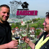 Zwei Personen stoßen mit Weingläsern an, im Hintergrund eine Stadtansicht mit Weinbergen. Schriftzug "Besenwirtschaft Rauscher" und Weintrauben-Logo., © Besenwirtschaft Rauscher