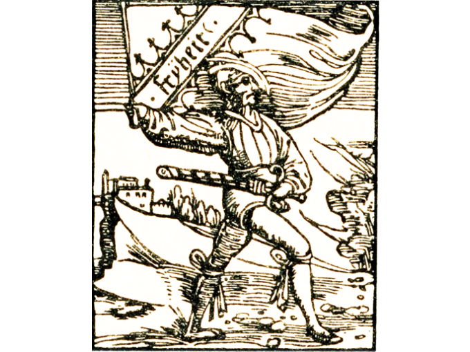 Holzschnitt eines Bauern mit Schwert und Fahne, Aufschrift 'Freyheit', symbolisiert den Bauernaufstand., © Touristik und Marketing GmbH