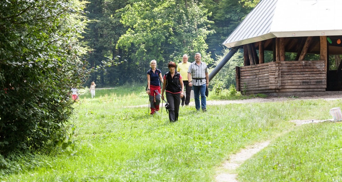 Eine Gruppe von Menschen spaziert auf einer gr&uuml;nen Wiese neben einem Holzgeb&auml;ude im Wald., &copy; hochgehberge