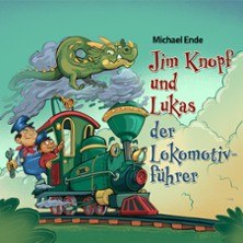 Jim Knopf und Lukas auf einer bunten Lokomotive, ein Drache fliegt im Hintergrund. Buchcover von Michael Ende., &copy; links im Bild