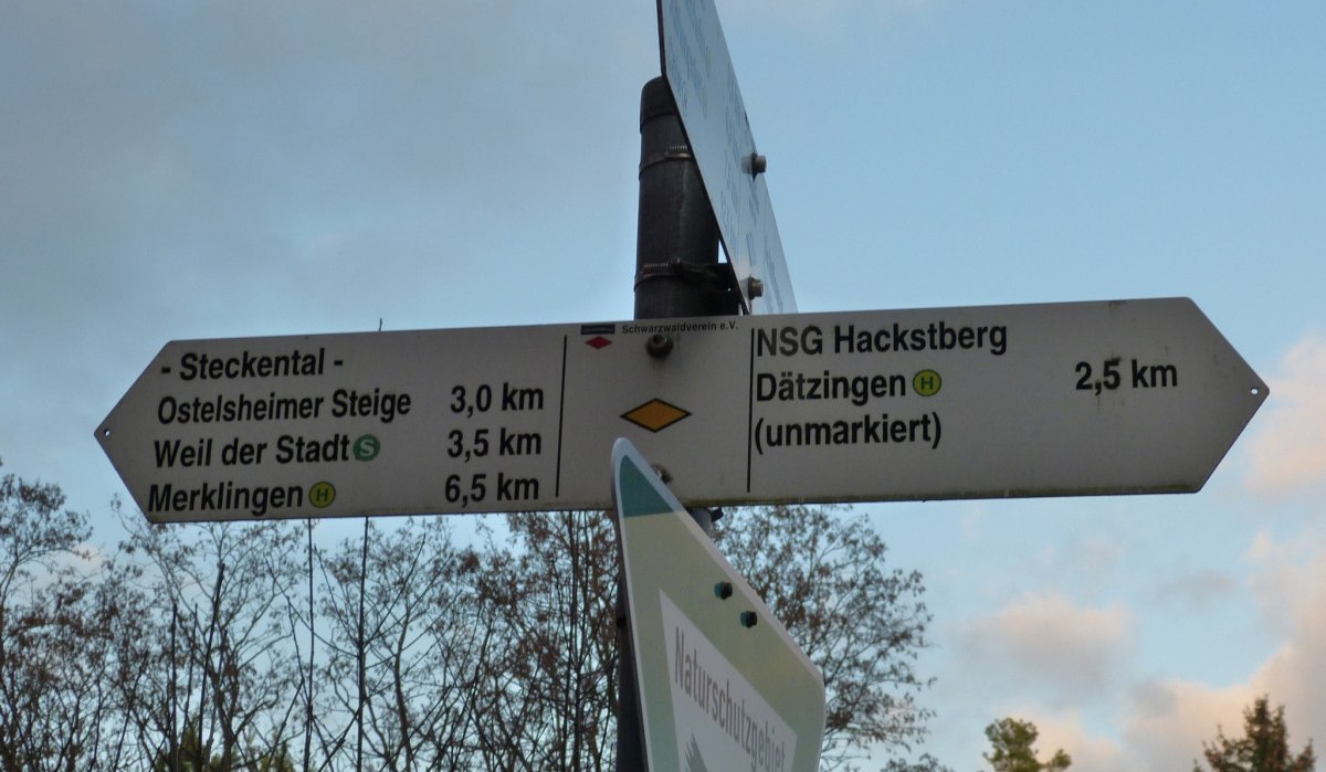 Wegweiser im Naturschutzgebiet Steckental zeigt Entfernungen zu Ostelsheimer Steige, Weil der Stadt und Merklingen. Himmel und Bäume im Hintergrund., © Natur.Nah. Schönbuch & Heckengäu