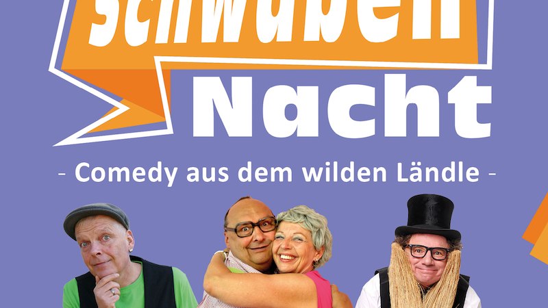 Plakat für die Schwaben Nacht mit Comedians Link Michel, Kächeles und Karl-Heinz Dünnbier. Humorvolle Darstellung auf lila Hintergrund., © Agentur Siedepunkt Plakat für die Schwaben Nacht mit Comedians Link Michel, Kächeles und Karl-Heinz Dünnbier. Humorvolle Darstellung auf lila Hintergrund., © Agentur Siedepunkt