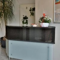 Ein moderner Rezeptionstresen mit einer Pflanze und Dekoration. An der Wand hängt ein Informationsbrett. Der Boden ist gefliest., © Feuerbacher Hof Ein moderner Rezeptionstresen mit einer Pflanze und Dekoration. An der Wand hängt ein Informationsbrett. Der Boden ist gefliest., © Feuerbacher Hof