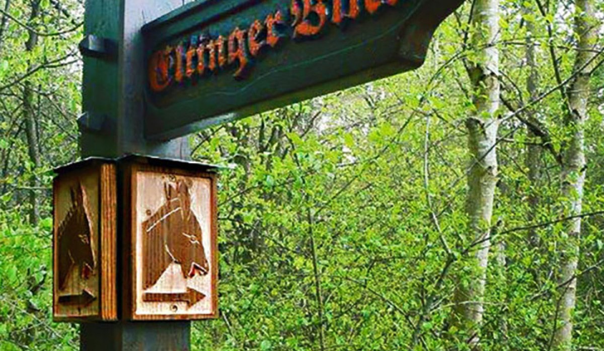 Holzwegweiser im Wald mit der Aufschrift 'Oßinger Blick' und geschnitzten Pferdeköpfen als Dekoration., © Bürgerverein Eltingen e. V.