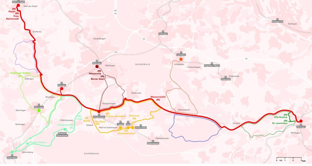 Karte der Erlebnistour in der Region Stuttgart mit Haupt- und Nebenrouten, markierten Sehenswürdigkeiten und geplanten Strecken., © Verband Region Stuttgart Karte der Erlebnistour in der Region Stuttgart mit Haupt- und Nebenrouten, markierten Sehenswürdigkeiten und geplanten Strecken., © Verband Region Stuttgart