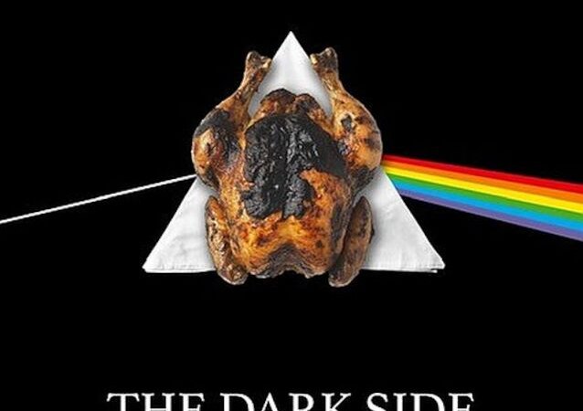 Parodie eines Albumcovers mit einem gebratenen Huhn vor einem Prisma, das einen Regenbogen erzeugt. Text: 'The Dark Side of the Huhn'., &copy; Stadthalle Leonberg