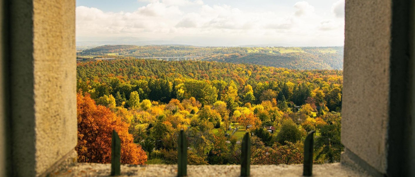 Aussicht vom Uhlbergturm auf eine herbstliche Landschaft mit bunten Bäumen und Hügeln im Hintergrund., © Stuttgart-Marketing GmbH, Sarah Schmid