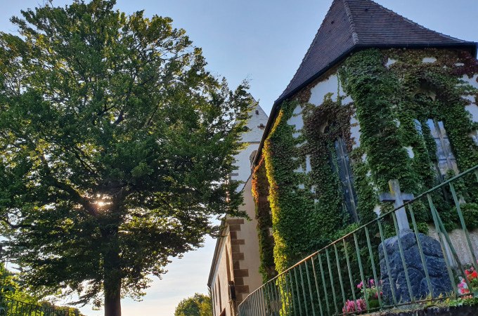 Eine efeubewachsene Kirche in Plochingen, flankiert von einem gro&szlig;en Baum im Sonnenlicht. Ein gr&uuml;ner Zaun und Blumen sind im Vordergrund sichtbar., &copy; PlochingenInfo