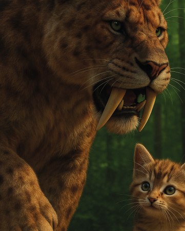 Ein Säbelzahntiger und ein Kätzchen stehen im Wald. Der Tiger zeigt seine Zähne, während das Kätzchen neugierig schaut., © Bild erstellt mit KI-Tool [Perplexity] © [2025] [MuseoConsult]