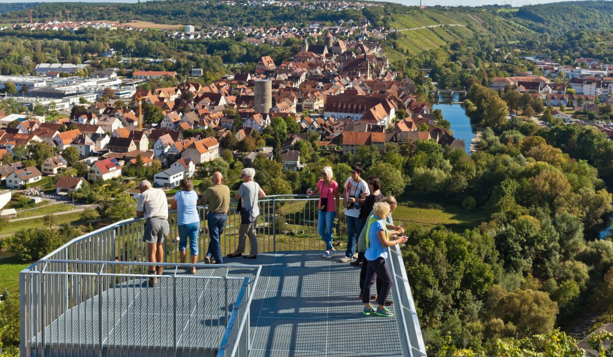 Menschen stehen auf einer Aussichtsplattform und blicken auf die Stadt Besigheim mit ihren roten Dächern und die umliegende grüne Landschaft., © Boris Lehner