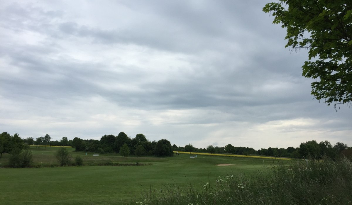 Weitläufiger Golfplatz mit grünen Wiesen, Bäumen und einem bewölkten Himmel. Im Vordergrund sind Gräser und Blumen zu sehen., © www.pro-cycl.de