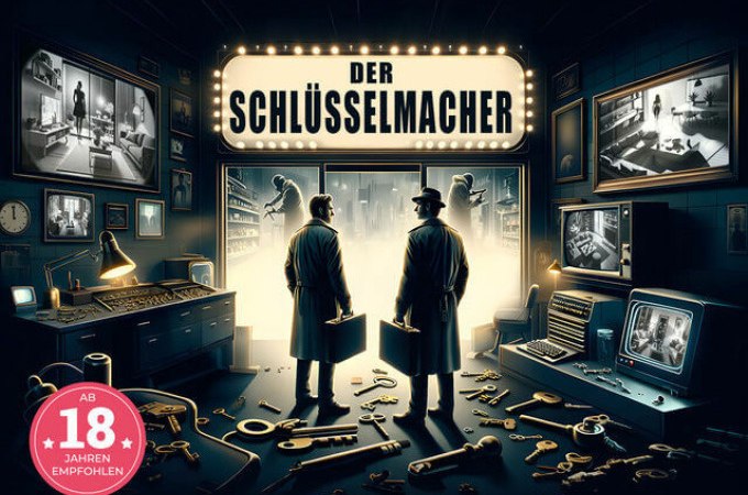 Zwei Männer in Mänteln stehen in einem Raum voller Schlüssel. Über ihnen leuchtet ein Schild mit der Aufschrift 'Der Schlüsselmacher'. Überwachungskameras sind sichtbar., © TeamEscape Stuttgart