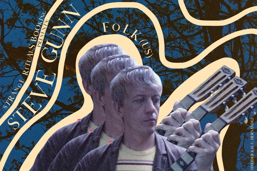 Collage von Steve Gunn mit mehrfacher Darstellung und Gitarrenhälsen vor einem blauen Hintergrund mit Bäumen. Text: "Steve Gunn Folk (US)"., © Kulturzentrum Dieselstrasse Collage von Steve Gunn mit mehrfacher Darstellung und Gitarrenhälsen vor einem blauen Hintergrund mit Bäumen. Text: "Steve Gunn Folk (US)"., © Kulturzentrum Dieselstrasse