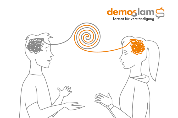 Zwei Personen kommunizieren, ihre Gedanken sind als Linien dargestellt, die sich spiralförmig verbinden. Oben rechts steht "demoslam - format für verständigung"., © Kunsthalle Göppingen Zwei Personen kommunizieren, ihre Gedanken sind als Linien dargestellt, die sich spiralförmig verbinden. Oben rechts steht "demoslam - format für verständigung"., © Kunsthalle Göppingen